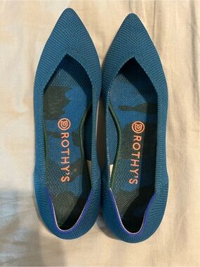 Rothy's Teal Pointed Toe Knit Flats with Purple Trim